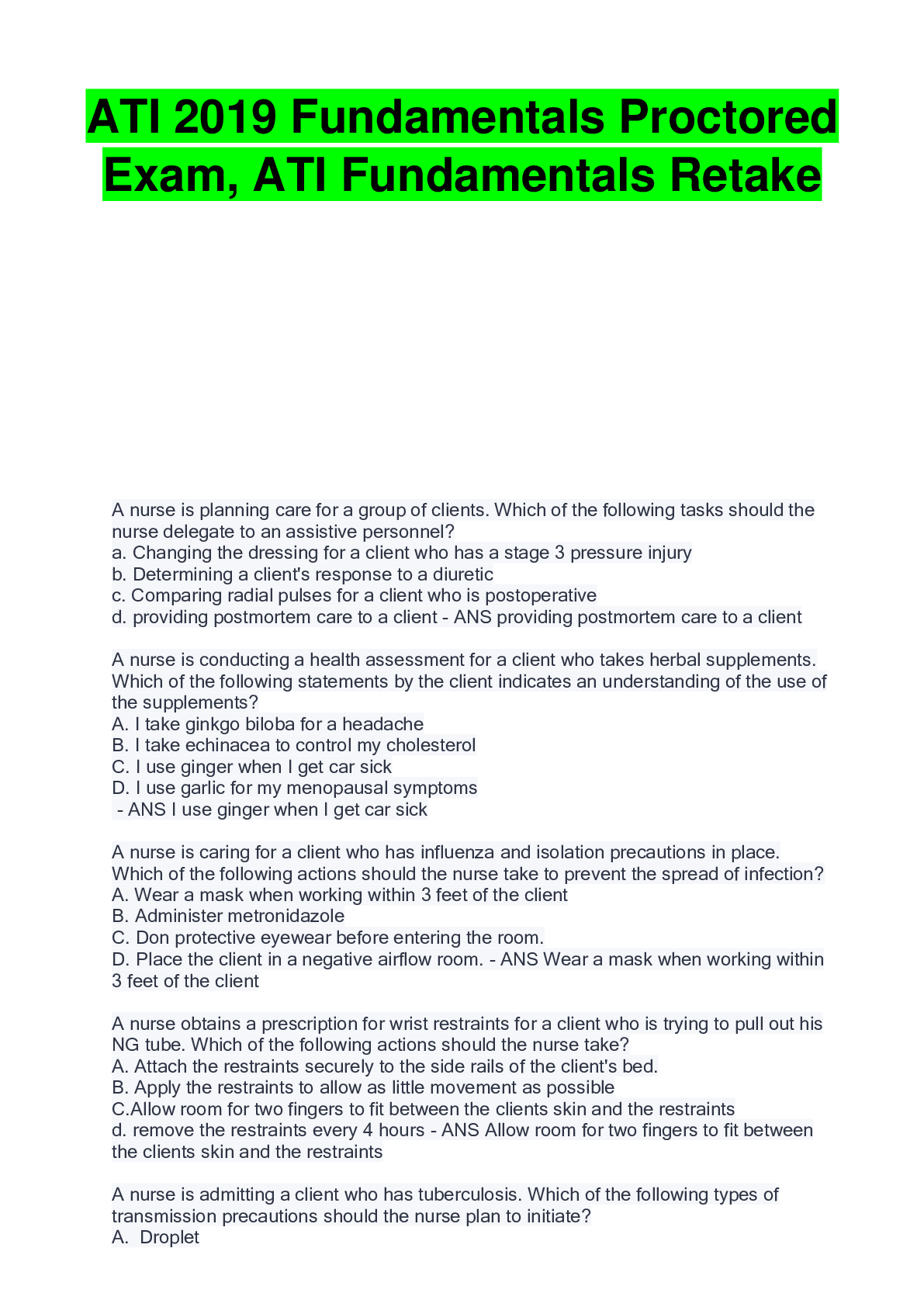 Preview image for ATI 2019 Fundamentals Proctored Exam, ATI Fundamentals Retake